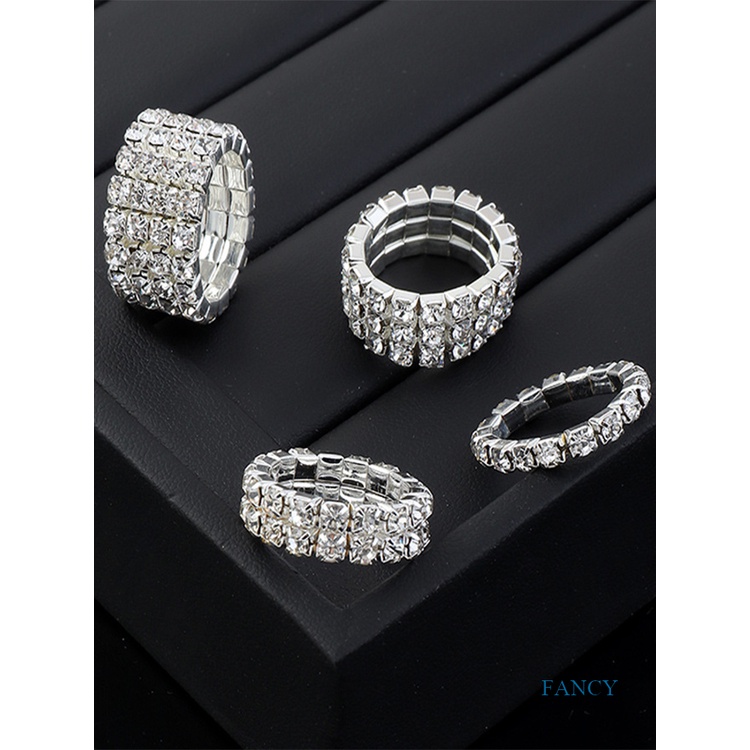 Cincin Berlian Imitasi Zircon Multi Baris Warna Silver Gaya Korea