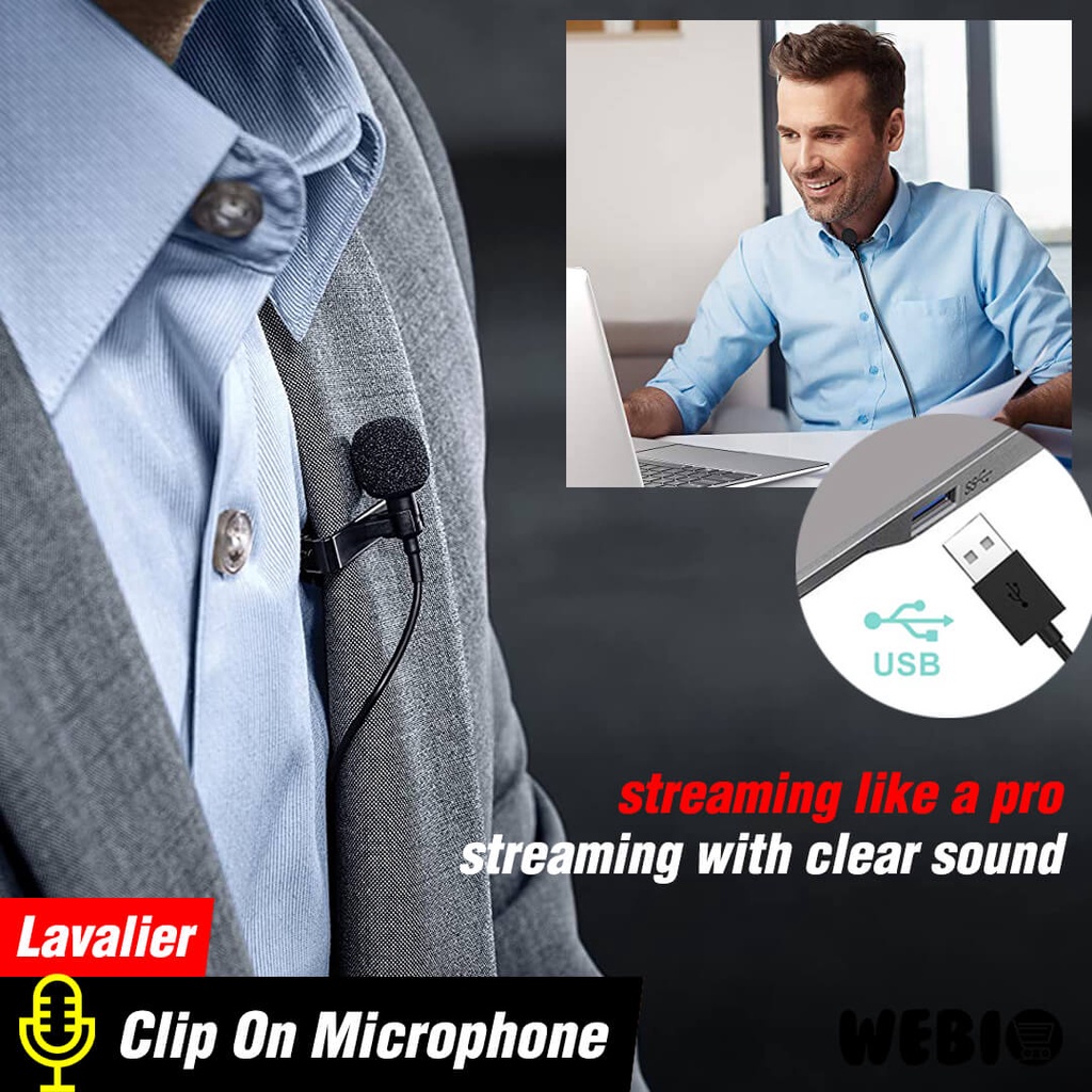 Mic Clip On L20 Microphone USB Microfon Klip Mini Mikrofon PC Laptop Mikropon Rekaman Recording Jepit Lavalier Kabel Untuk Vlog Youtuber