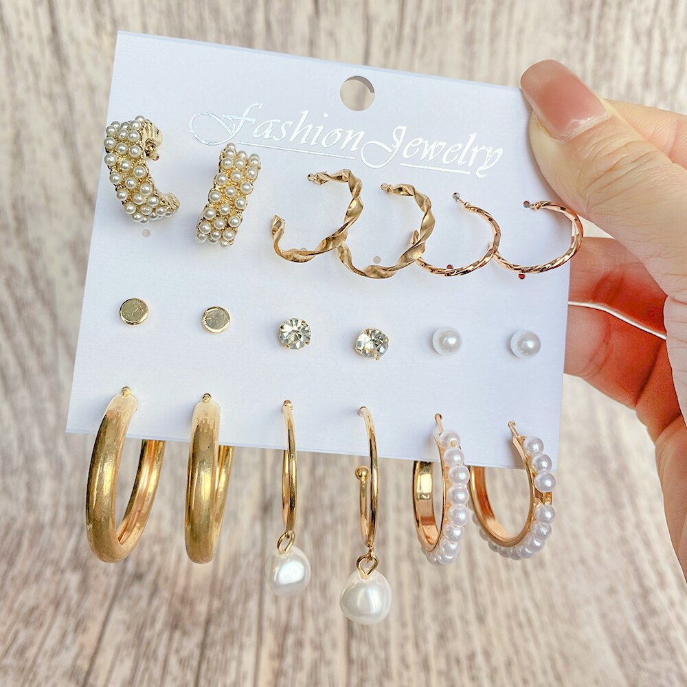 12Pcs/Set anting emas mutiara Wanita Berongga Cinta Hati anting liontin Hadiah Perhiasan Aksesoris