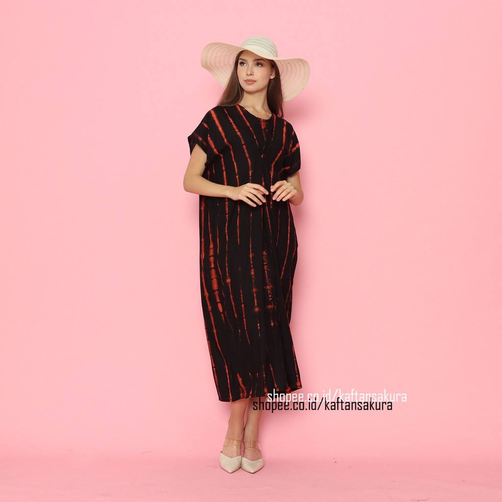 KAFTAN DRESS MAXI WANITA HOME DRESS TIE DYE WARNA HITAM TERBARU RAYON LEMBUT MURAH BY KAFTANSAKURA