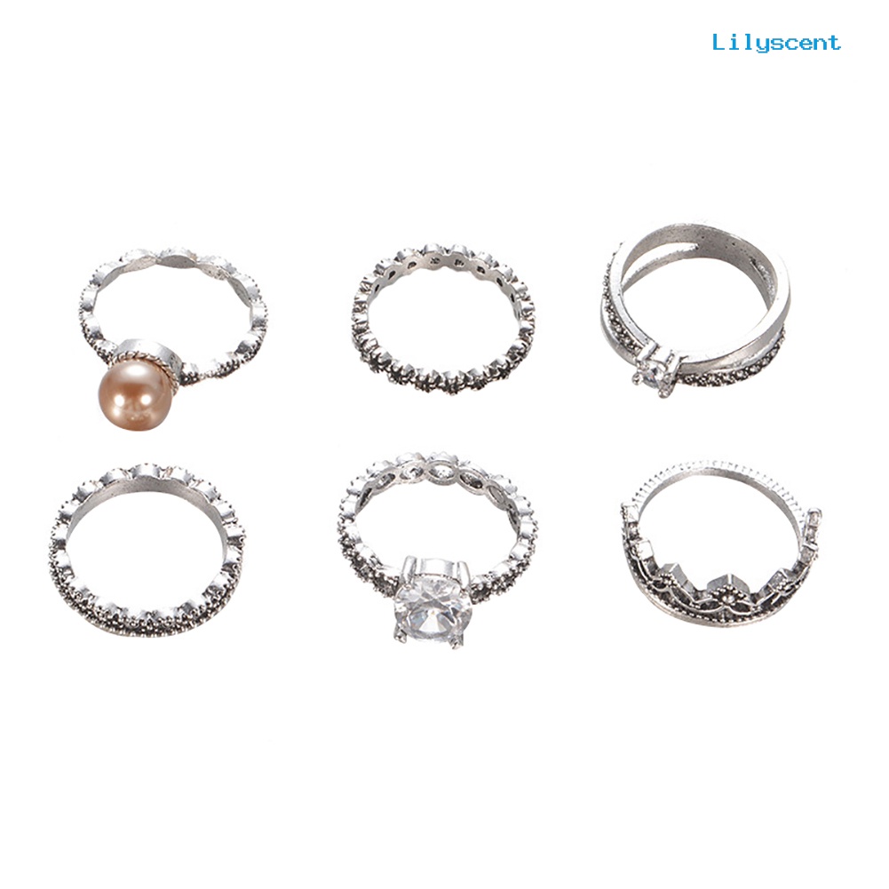 6pcs Cincin Knuckle Midi Model Hollow Bentuk Mahkota Aksen Mutiara Tiruan Bahan Zirkon Gaya Retro Untuk Wanita