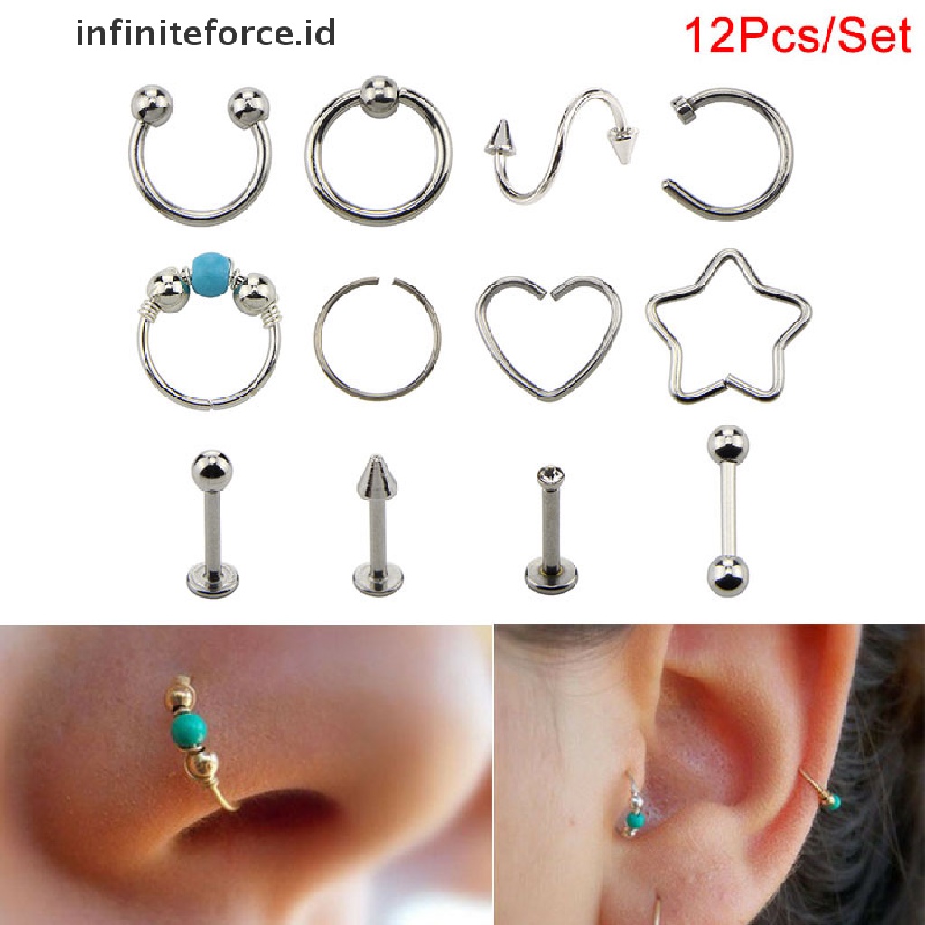 Infiniteforce.id 12pcs / Set Cincin Tindik Tubuh / Hidung Unisex Dewasa