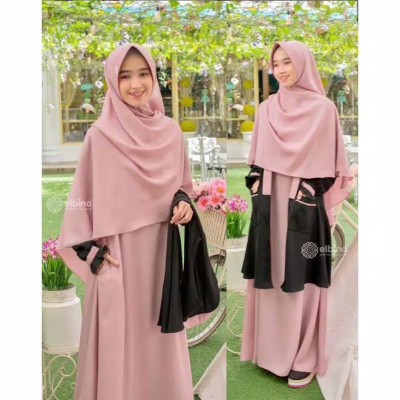 [ BISA COD ] Elbina Set Dress Gamis + Outer + Khimar || Size S M L XL || Fashion Muslim Wanita