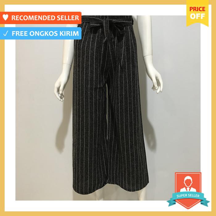 Celana Panjang Kulot Qqinian Linen Rami Import Hitam Black Garis Karet