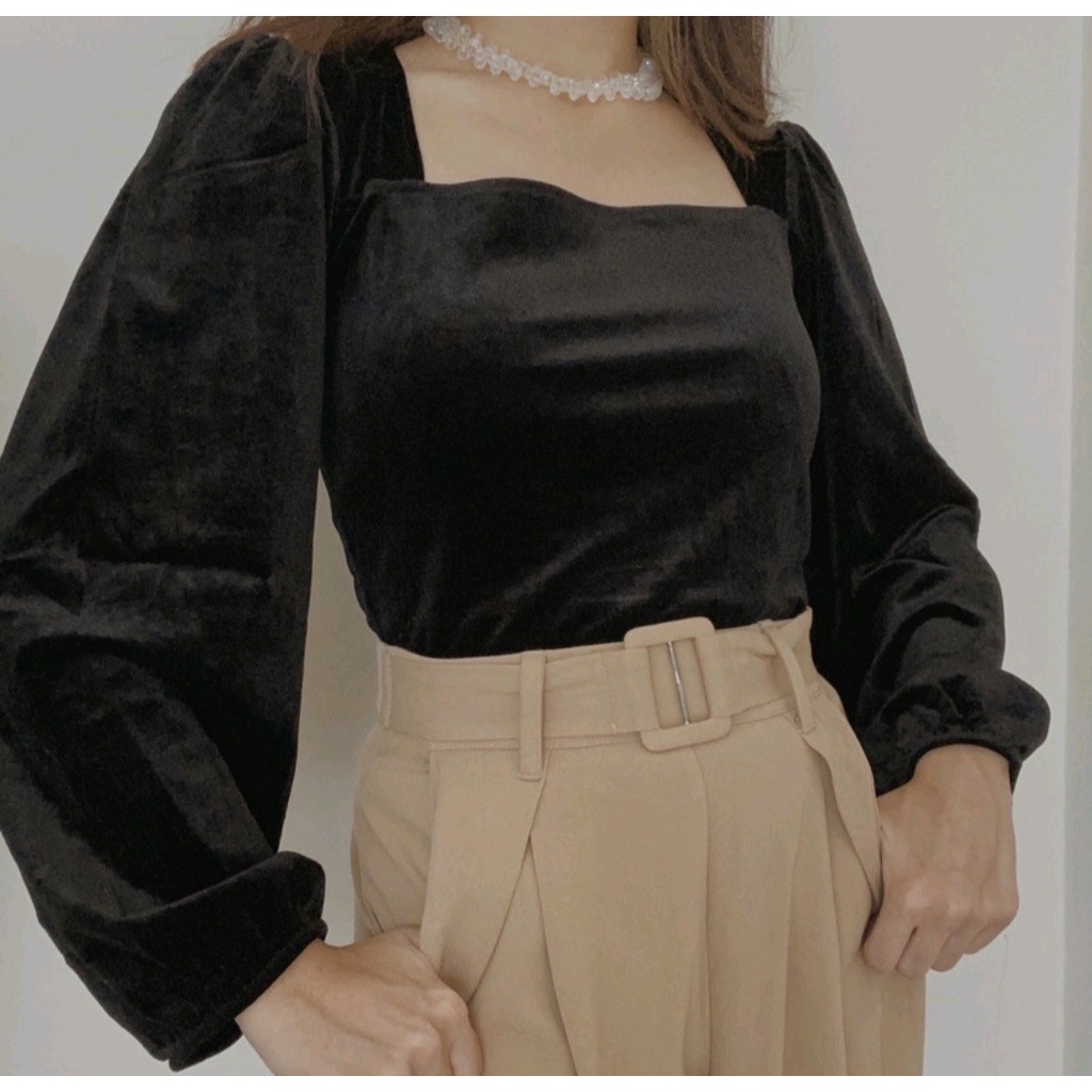 Brassle Velvet Square Neck Top Patricia Square Neck Velvet Puffy Blouse Square Top Long Sleeve Puffy