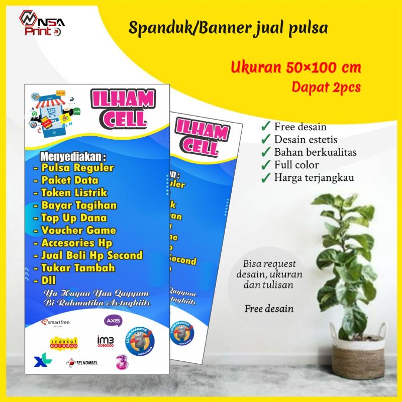 Cetak banner/spanduk, spanduk jual pulsa all operator & voucher game, BELI 1 GRATIS 1 Ukuran 50 ×100