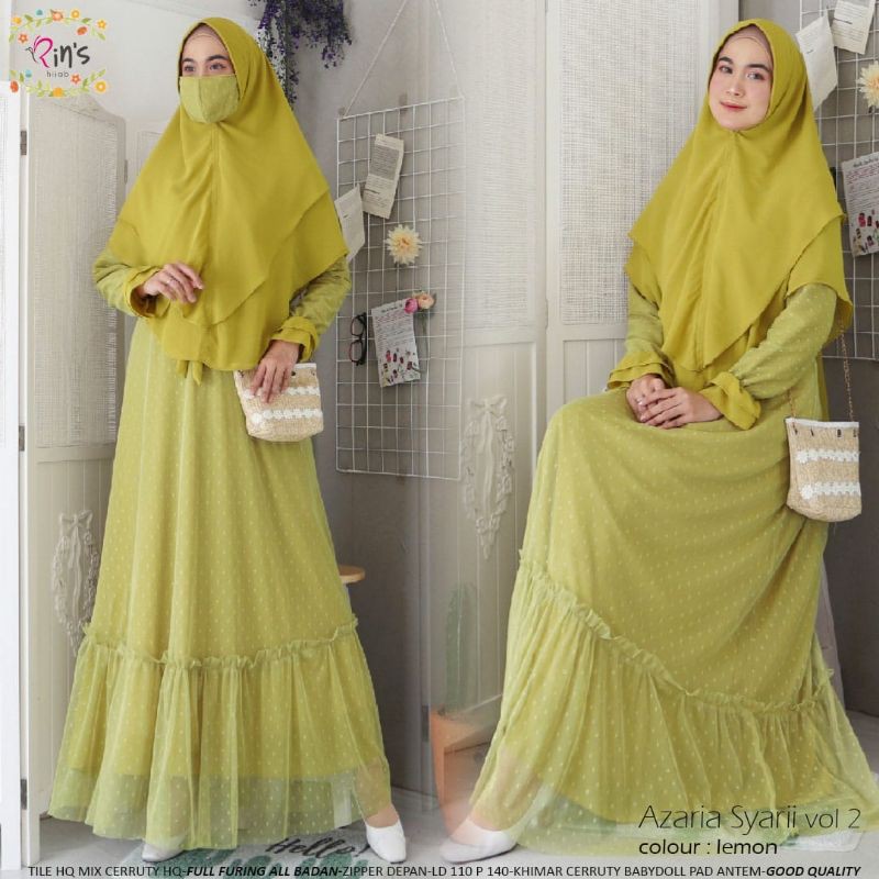 GAMIS SYARI BAHAN TILE PREMIUM FREE KHIMAR CERUTI BABYDOLL  AZARIA SYARI BY RINS HIJAB ORIGINAL