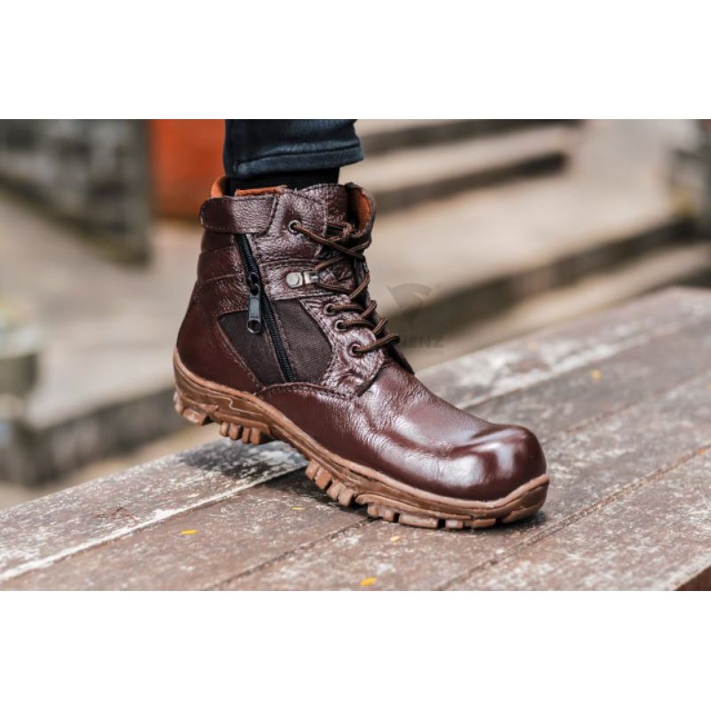 Sepatu Safety Boots Pria 100% Kulit Asli Bikers Touring Boot Cordura Brown