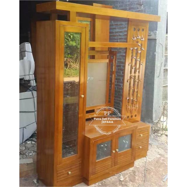 Lemari Hias Ruang Tamu, Lemari Partisi Jati Model Minimalis, Lemari Rak Meja Tv Jati