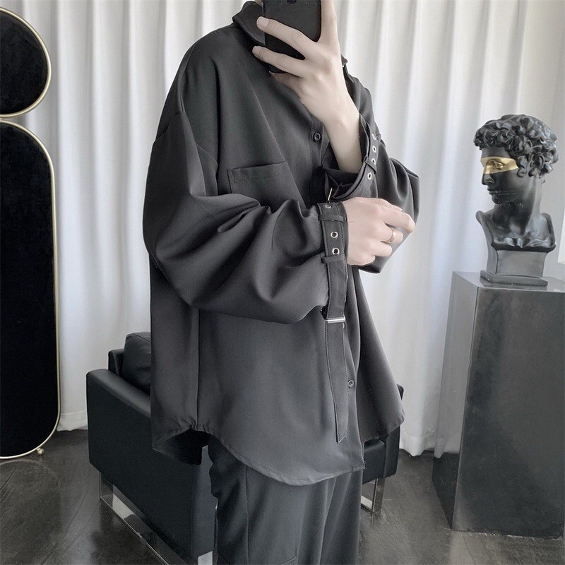 KEMEJA POLOS LONGGAR IMPORT PRIA WANITA KOREA BTS BELT  M-2XL SI1