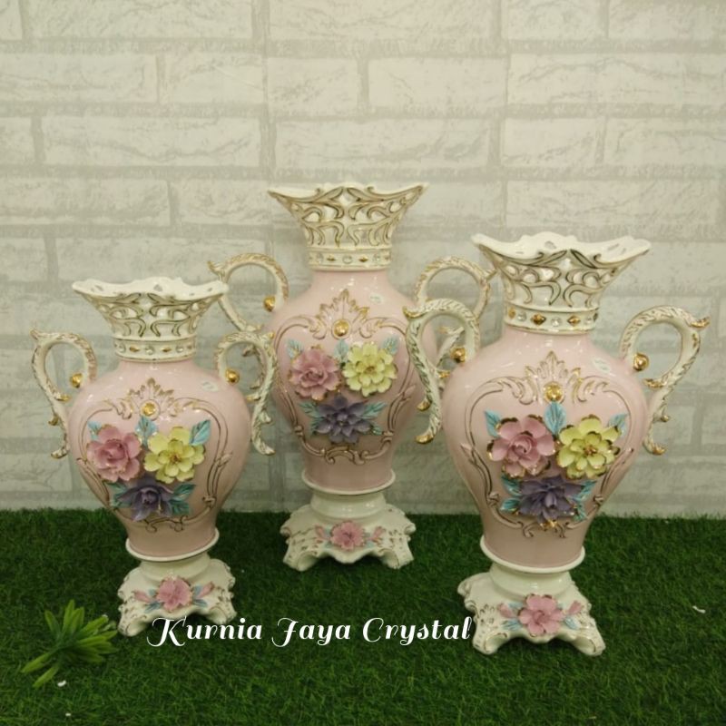 Pajangan Vas Keramik pink set 3 import/ Vas pajangan keramik set 3 import