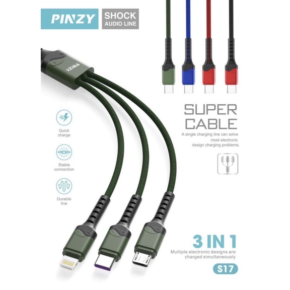 Kabel Data 3in1 PINZY S17 Support Fast Charging - Kabel Data -