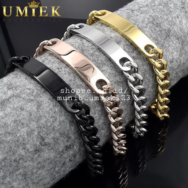 Gelang Titanium Rantai plat emas / silver / hitam cowok cewek pria wanita cowo cewe asli original