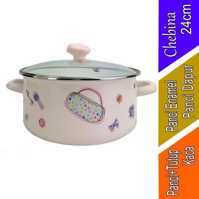 Panci Cantik Bermotif  - Panci+Tutup Kaca - Panci Dapur -Chebina Panci Enamel - 24cm