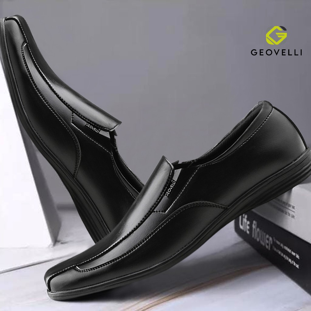 GEOVELLI | Sepatu  Pantopel Pria Kulit Hitam Sepatu Pantofel Formal Kerja Dinas Pesta Kulit - FULL BLACK