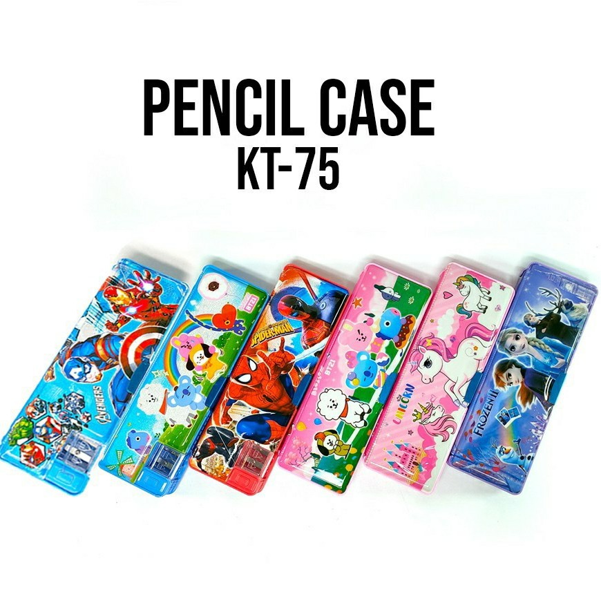 

KT75 Kotak Pensil Magnet 2 sisi karakter Kartun ada Serutan 2 Lubang