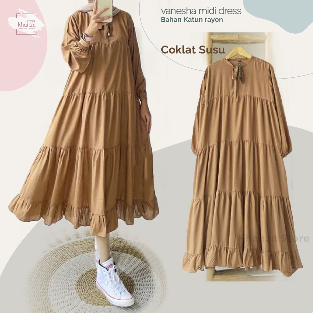Dress Wanita Casual Fashion Muslim Korea panjang Coklat susu A13