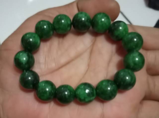 Gelang batu giok hijau lumut+kotak 12 mm