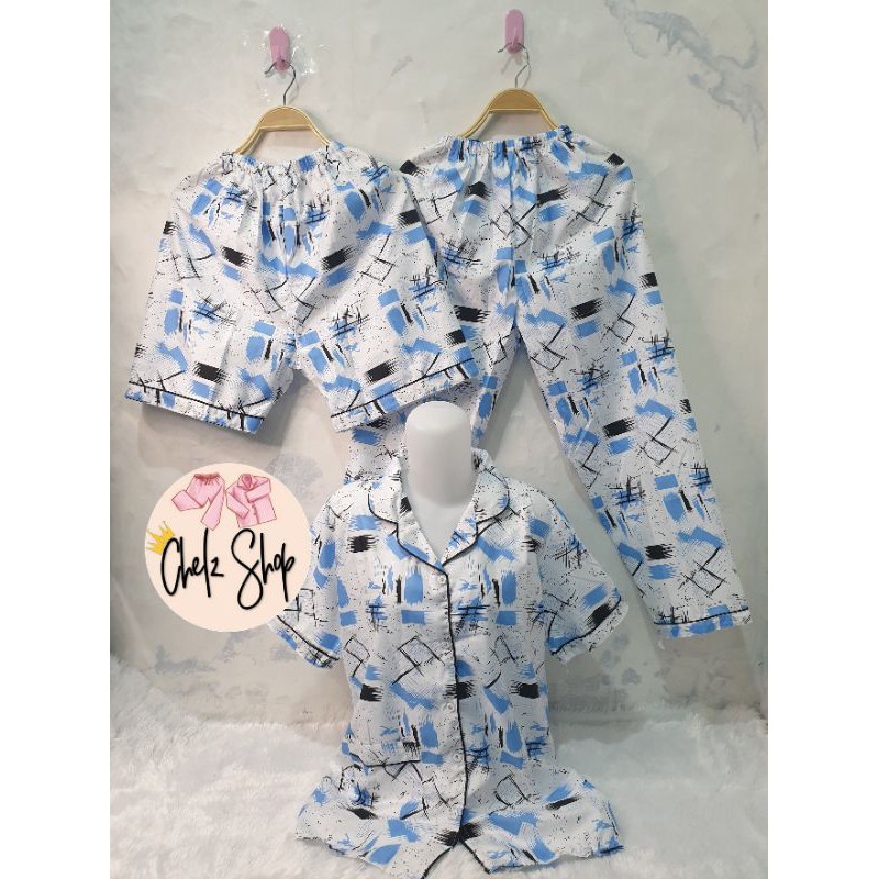 Baju Tidur Wanita/Piyama Wanita Dewasa Katun Motif Daun Part 3-3in1 ABSTRACT BLUE