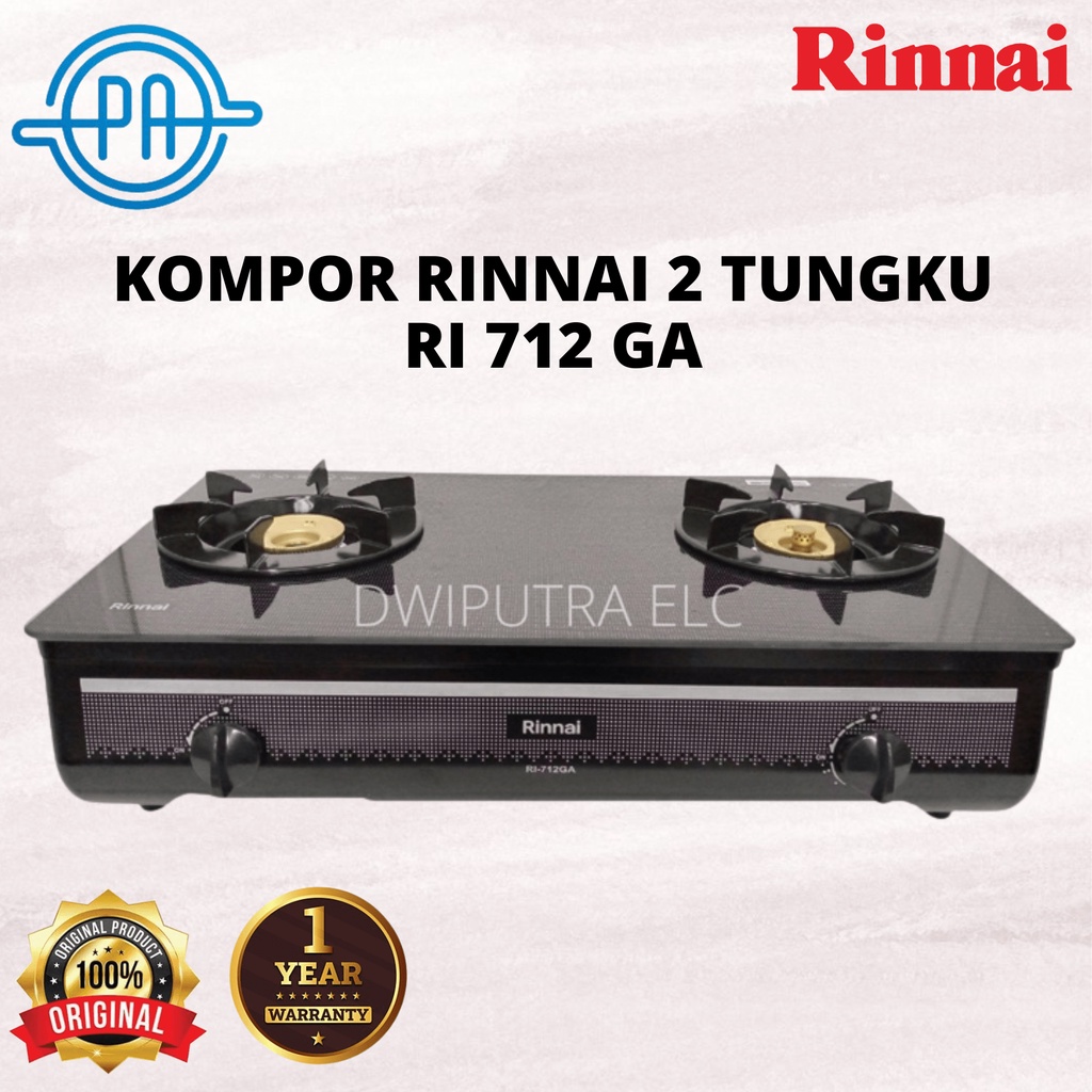 KOMPOR GAS RINNAI 2 TUNGKU 712 GA API LILIN TOP PLATE PAN ANTI SLIP TEMPERED GLASS BY SCHOTT GLASS