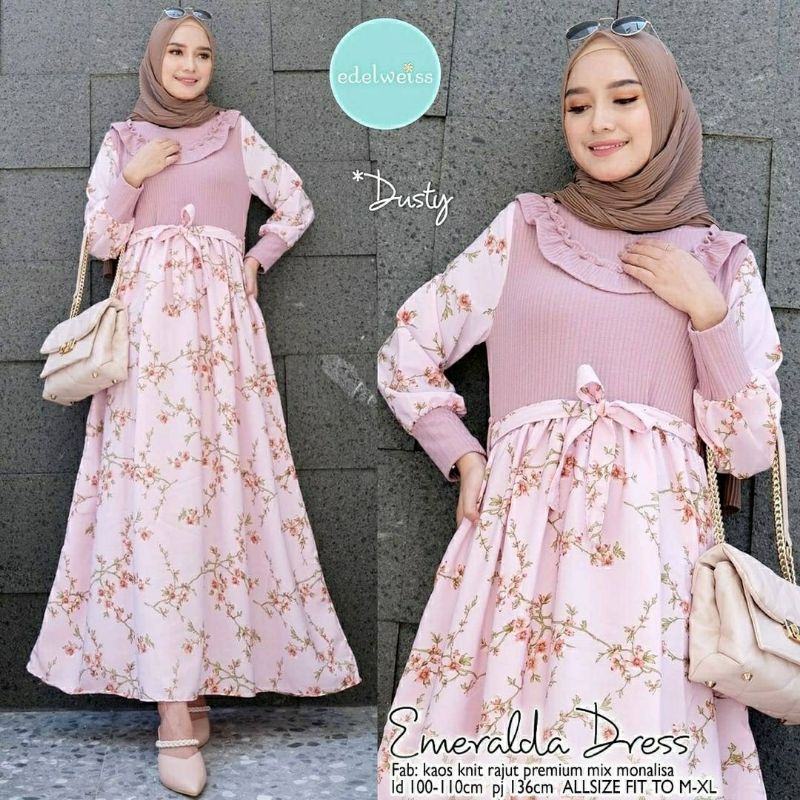 Emeralda Dress, GAMIS MUSLIM CANTIK MODIS FIT XL BAHAN KAOS KNITE RAJUT PREMIUM MIX MONALISA LD 100-110 TERMURAH