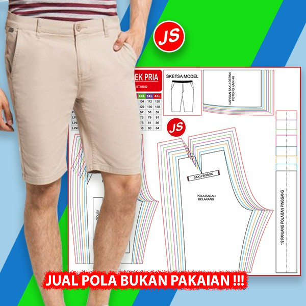 Pola Jiplak Celana Pendek Pria 8 in 1 [ Pola Baju Jamblang Studio ]
