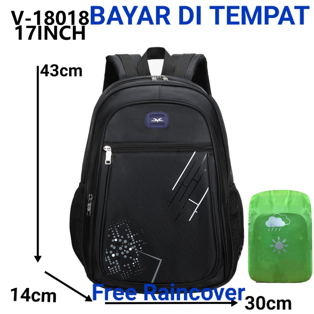 Tas Pria Tas Ransel Anak Laki Laki  Sekolah SD-SMP Naval 18018  Hitam Raincover