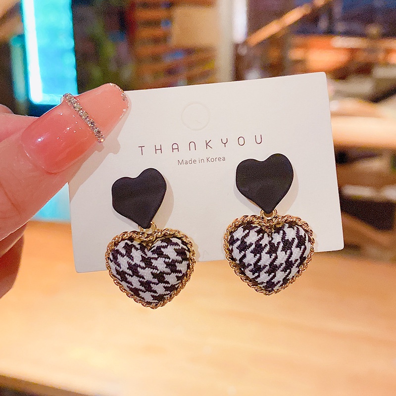 Anting S925 Silver Needle Bentuk Hati Houndstooth Warna Kopi Peach