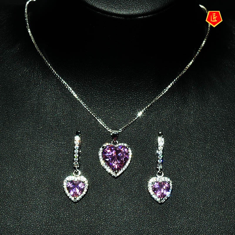 [Ready Stock]Heart-Shaped Pendant Luxury Pink Crystal Earrings Open Ring Set