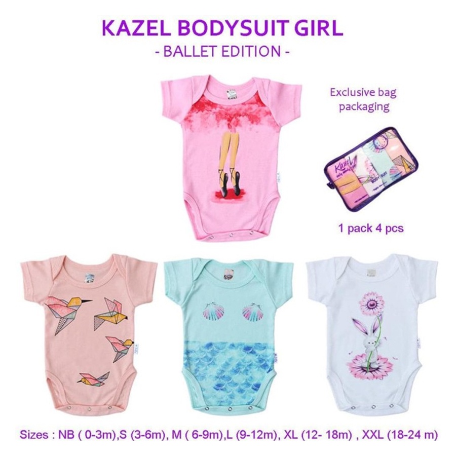 Kazel Bodysuit Girl Ballet Edition 1 Box Isi 4 Pcs Jumper Bayi Baju Anak Perempuan Kazel