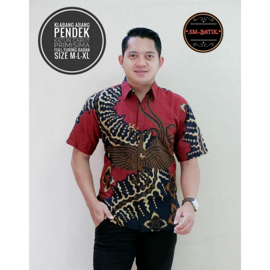 Kemeja Batik Pria Terbaru Warna Merah Batik Panjang Batik Pendek Bahan Katun Primisima KLABANG MERAH