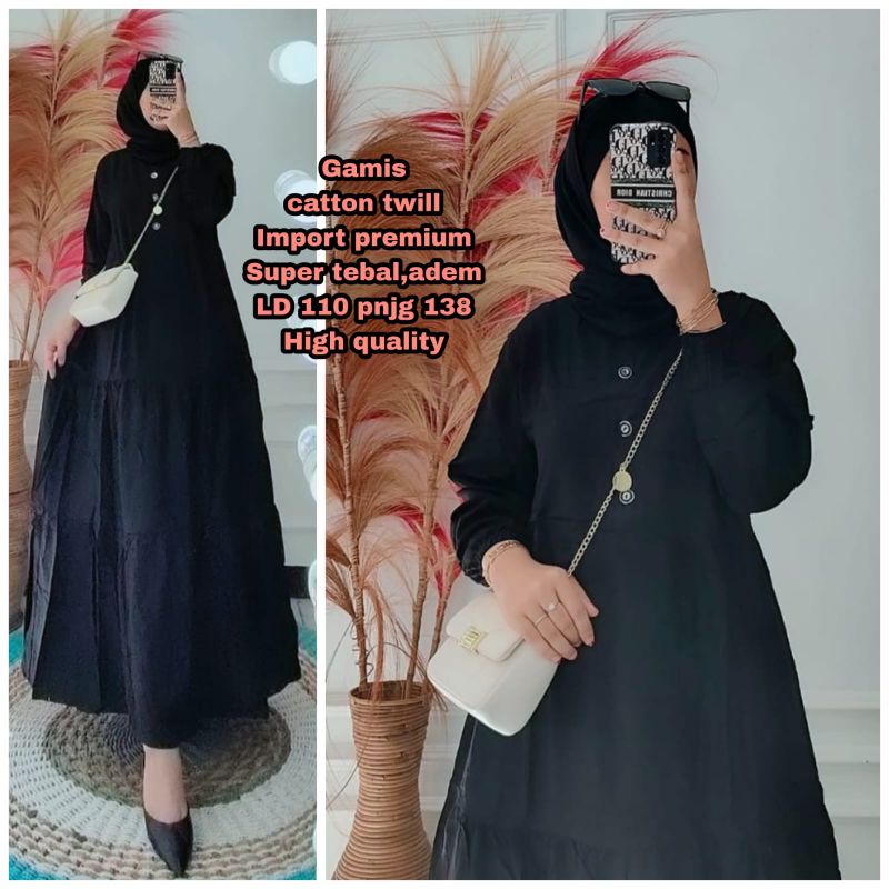 GAMIS CATTON TWILL HITAM POLOS IMPORT PREMIUM