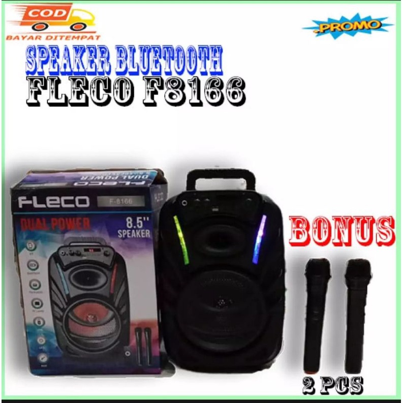 Speaker Bluetooth Fleco 8,5Inchi Bonus Dual Mic Wireless/Salon Aktif Portable Super Bass Radio Fm