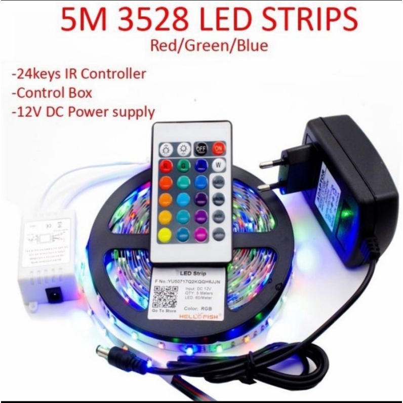 LAMPU LED STRIP RGB Warna Warni IP44 3528 Kompliy Set Adaptor Remote