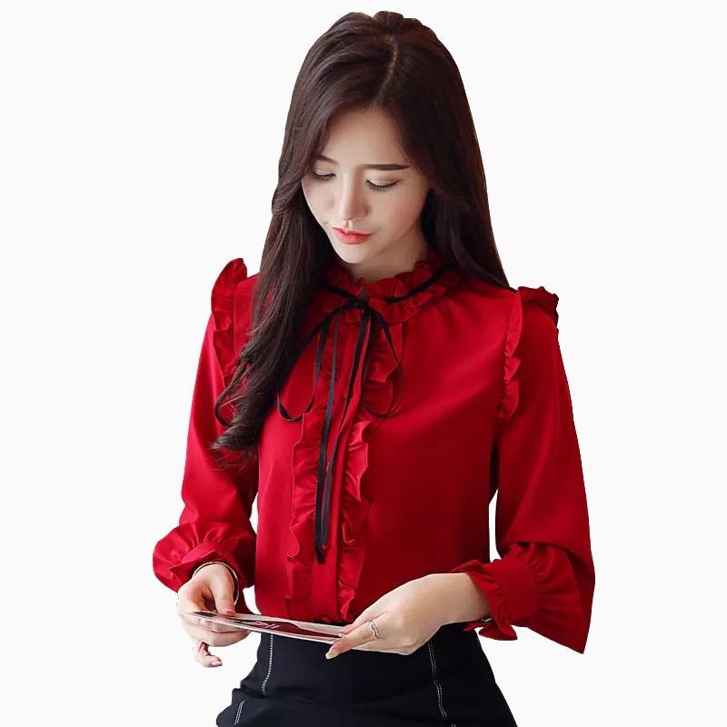 Kemeja lengan Panjang Gaya Korea Variasi pita Leher - XSHOP Athena