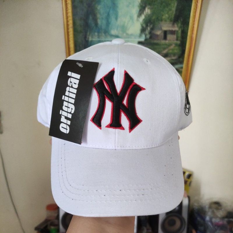 Topi NY New York Topi Baseball Pria Wanita-putih list merah