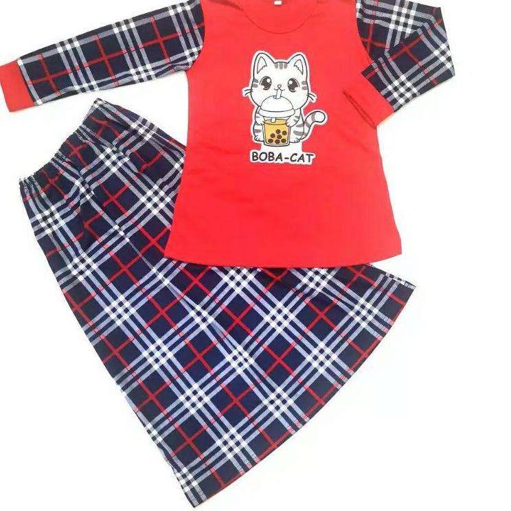 SOM.21My22ᴼ– Baju Setelan anak perempuan rok kotak BOBA CAT usia umur 5 6 7 8 9 10 tahun baju ngaji 