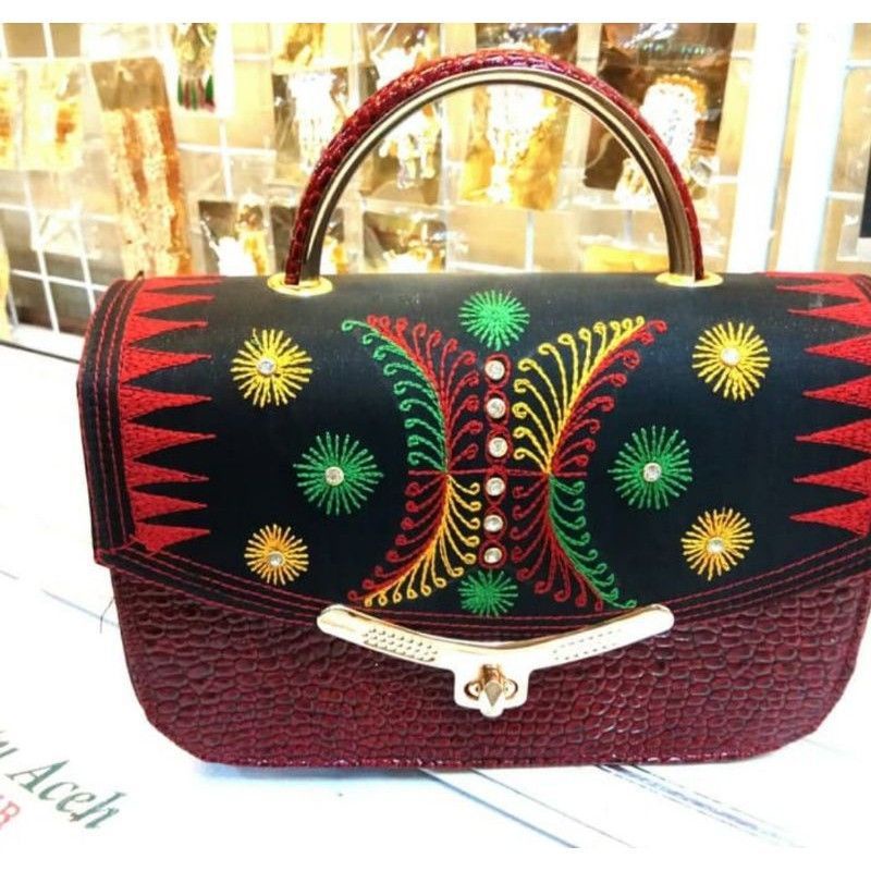 Handbag Wanita || Tas Kulit Bordir Khas Aceh Dilengkapi dengan Tali Panjang