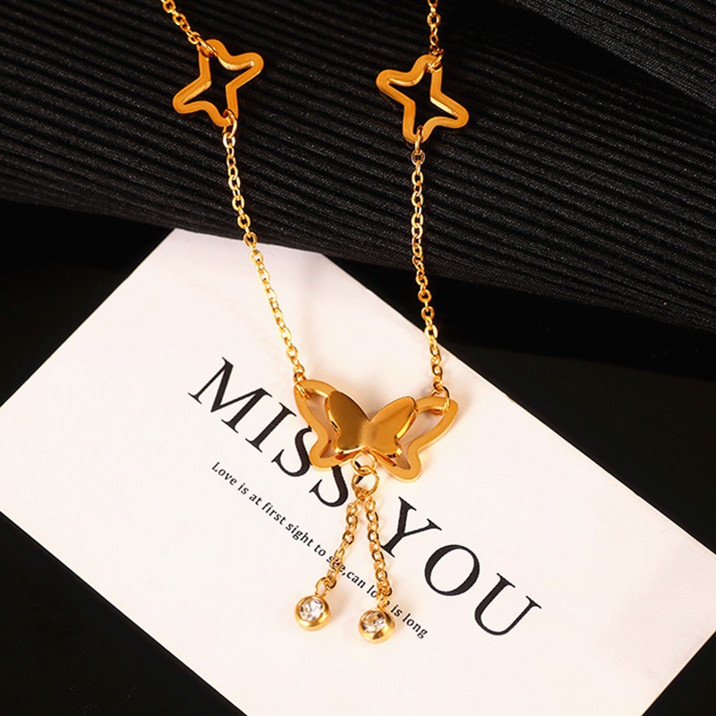 Gelang Kaki Titanium Anti Karat Cantik Kupu Emas 18k Aksesoris Wanita Korea