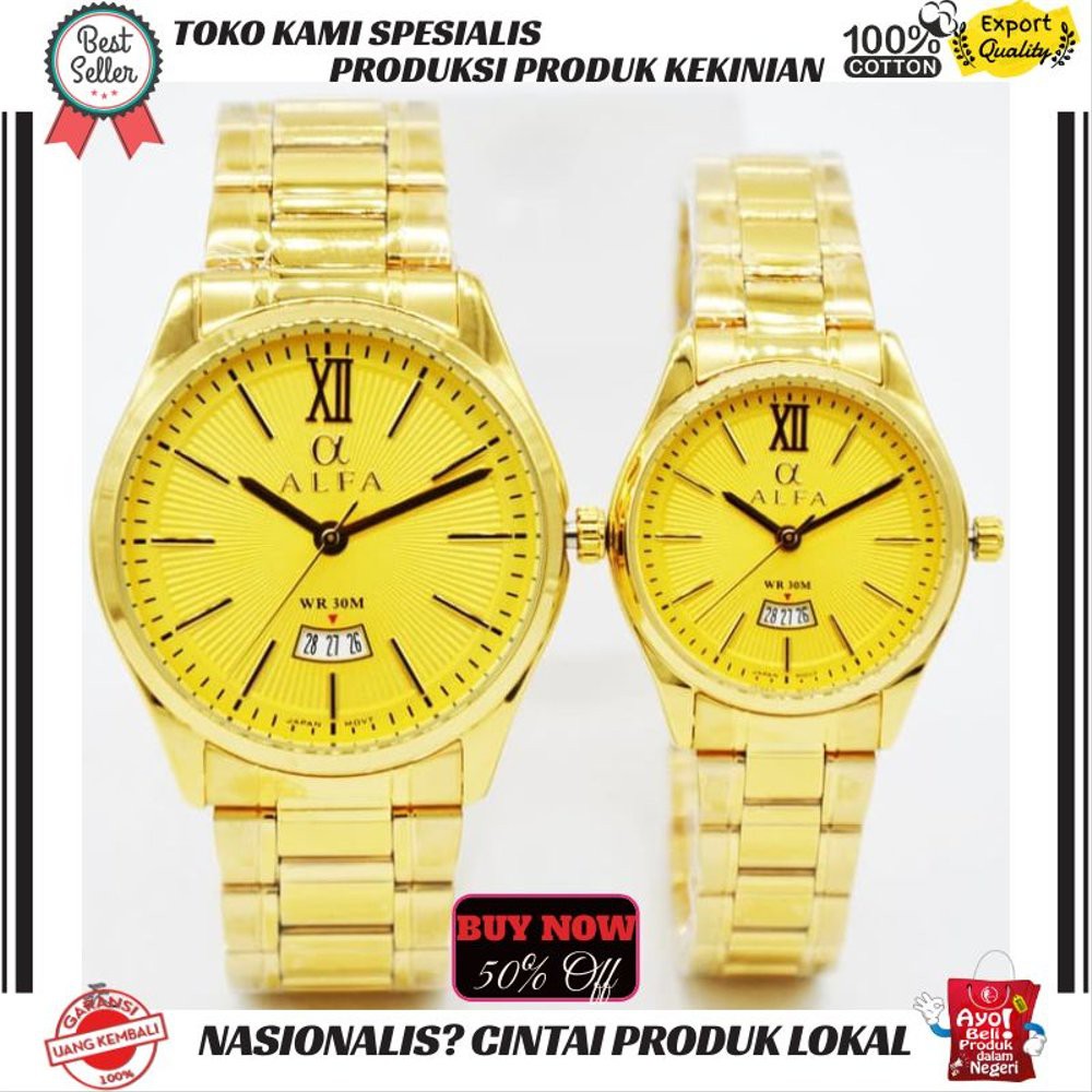 Unik PROMO JAM TANGAN ALFA PRIA WANITA COUPLE AL8159LG Original Rantai Full Gold Terlaris