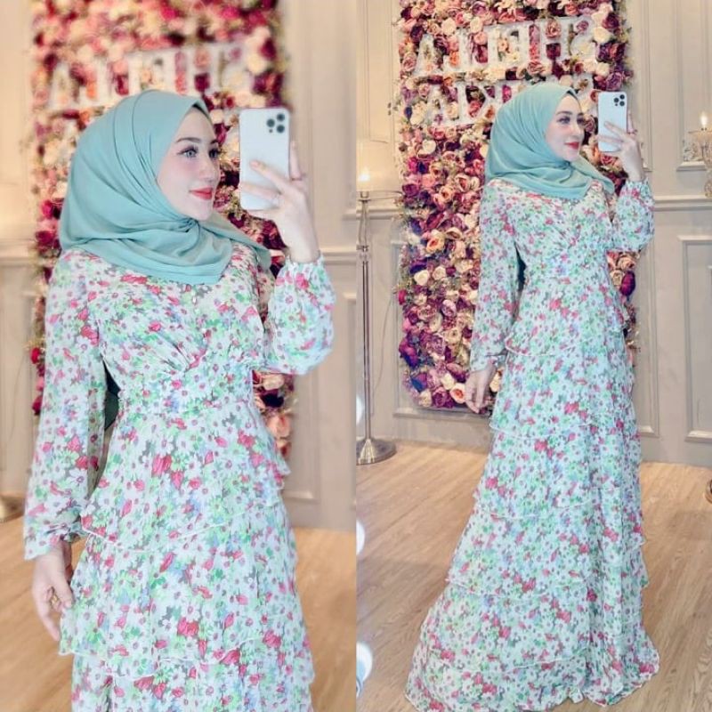 DRESS FLOWER TINGKAT (Bunga Hijau) BY SHELLASAUKIA