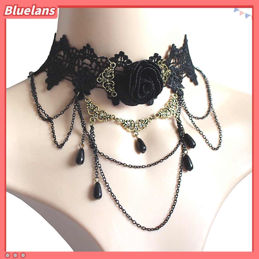 Bluelans Kalung Choker Rantai Liontin Bunga Mawar Bahan Lace Hollow Untuk Wanita