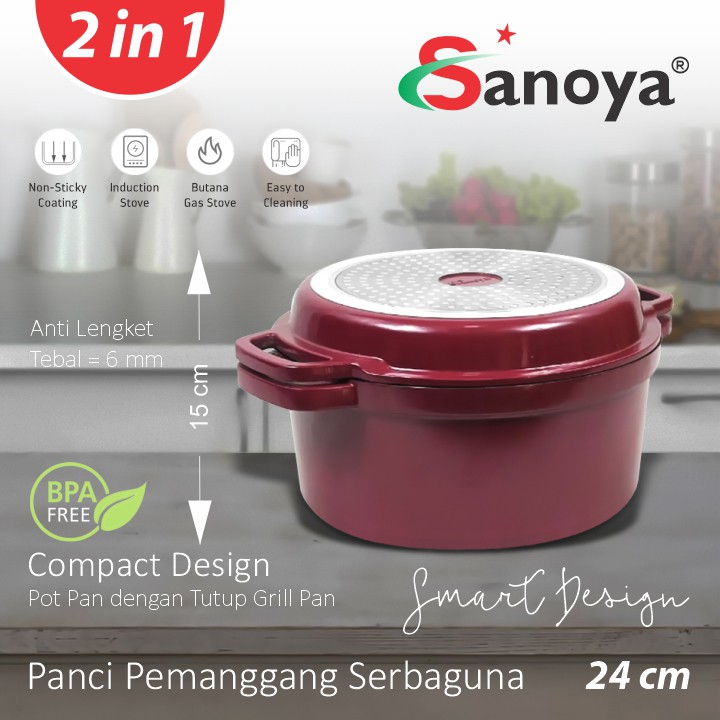 SANOYA GRILL POT PAN 24 CM - Panci Masak Pemanggang 2 in 1 Serbaguna