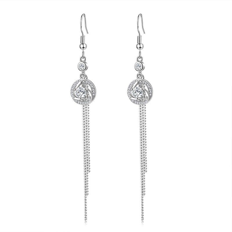 Anting Gantung Sterling Silver 925 Model Rumbai Panjang Dengan Zircon Bulat Untuk Wanita