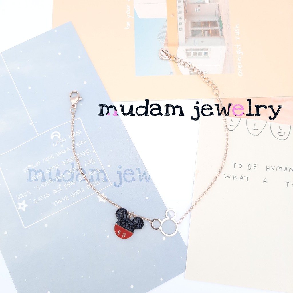 Gelang Rantai Titanium Model Mickey Hitam Merah Tersedia Warna Rose Gold dan Gold