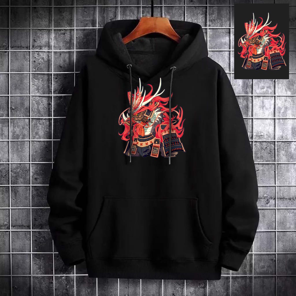 INDOSAN-SWEATER HOODIE DRAGON SAMURAI-HOODIE DISTRO BAHAN FLEECE MOTIF GAMBAR DTF PRINTING-REAL PICT-BISA COD