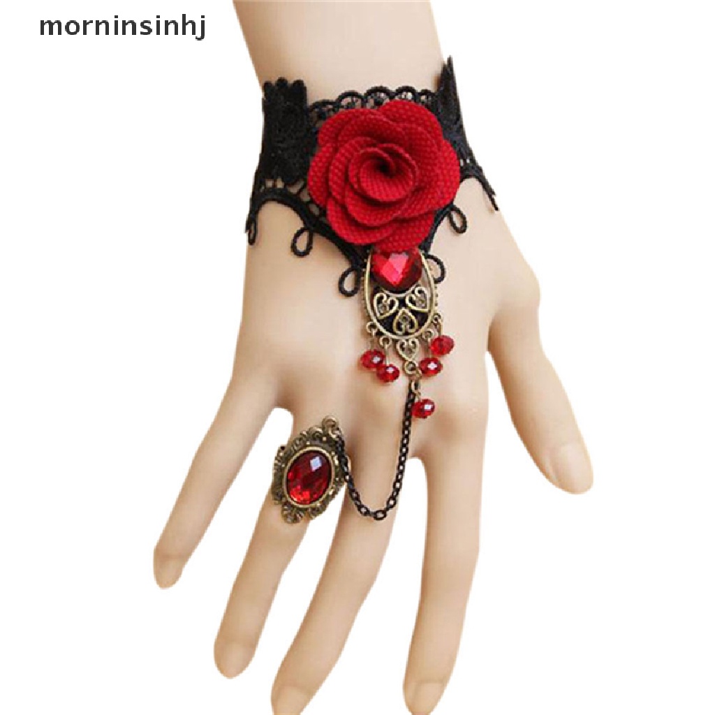 Mornin Gelang Lace Bunga Mawar Merah Gothic Elegan Adjustable Untuk Wanita