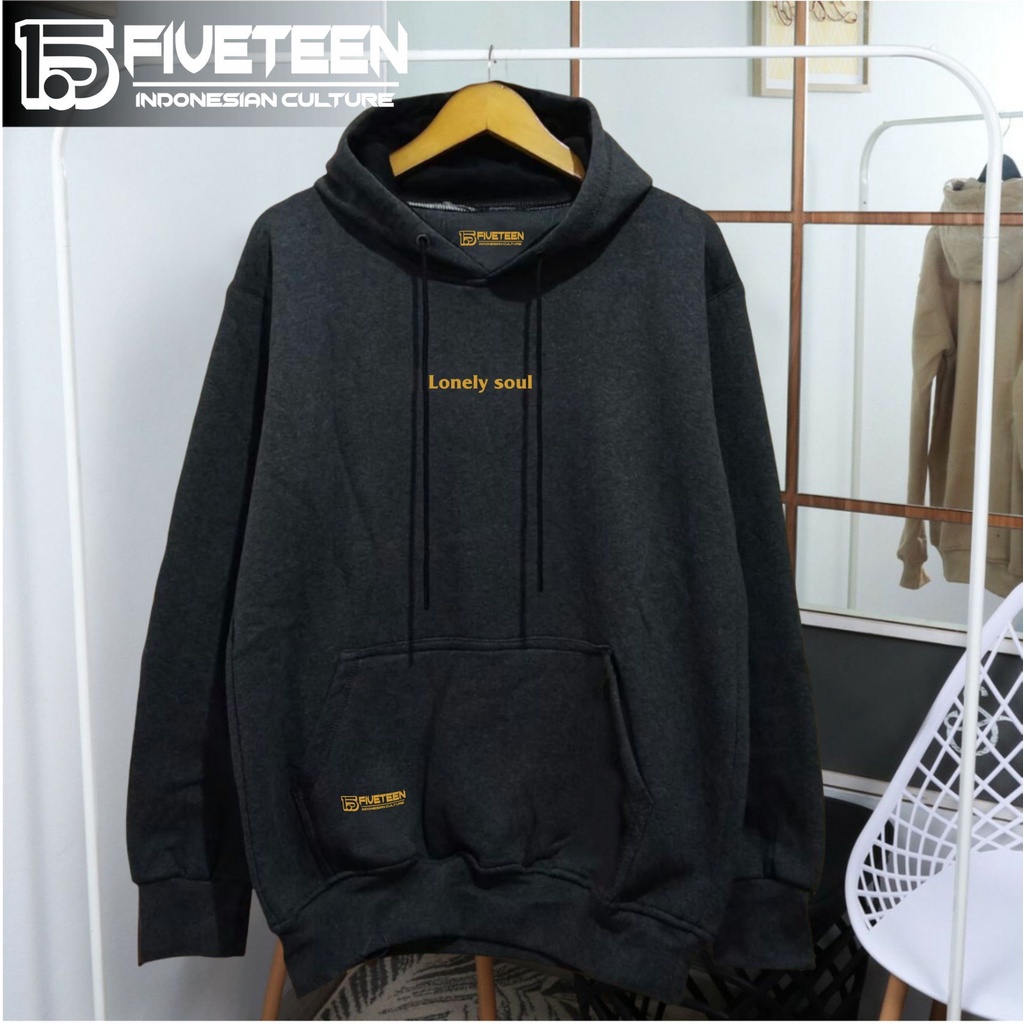 hoodie distro original brand 15fifeteen warna abu tua sablon LONELY SOUL sweater premium bahan tebal cewek korea suwiter cowok model terbaru 2022 original jaket pria terbaru 2021 keren gaya ori tebal zipper hoodie pria distro original fifteen15