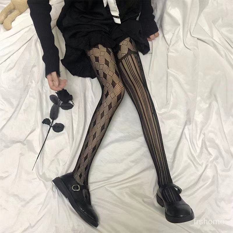 Lolita pantyhose dengan bintang cek berlian gelap berlubang stoking jala untuk gadis-gadis vintage