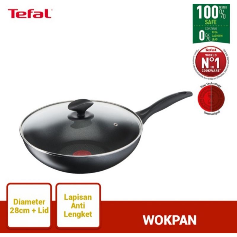 WOKPAN TEFAL COOK & CLEAN 28 CM + LID / WAJAN PENGGORENGAN